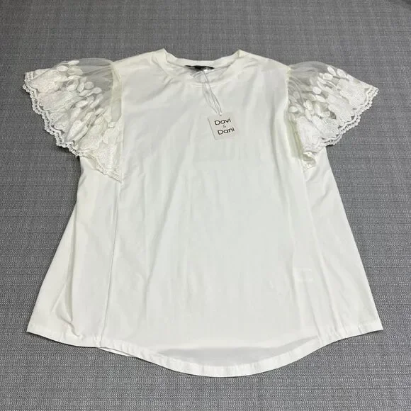Davi & Dani Shirt Womens 2XL Ivory Tulle Puff Sleeve Embroidered Fairy Feminine - Picture 1 of 9